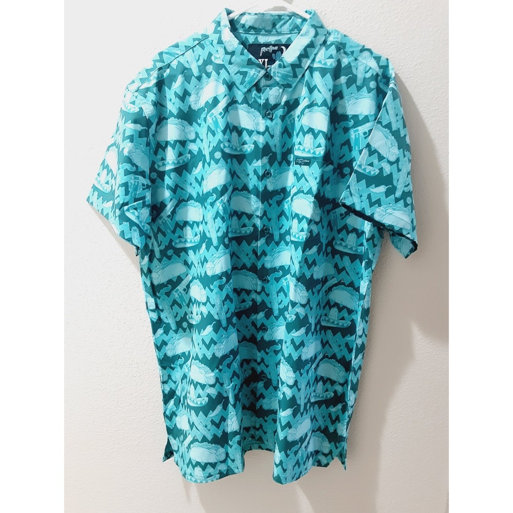 Retro Rifle Shirt 2XL TACO NIGHT Multicolor Blue Green Button Down Short Sleeve